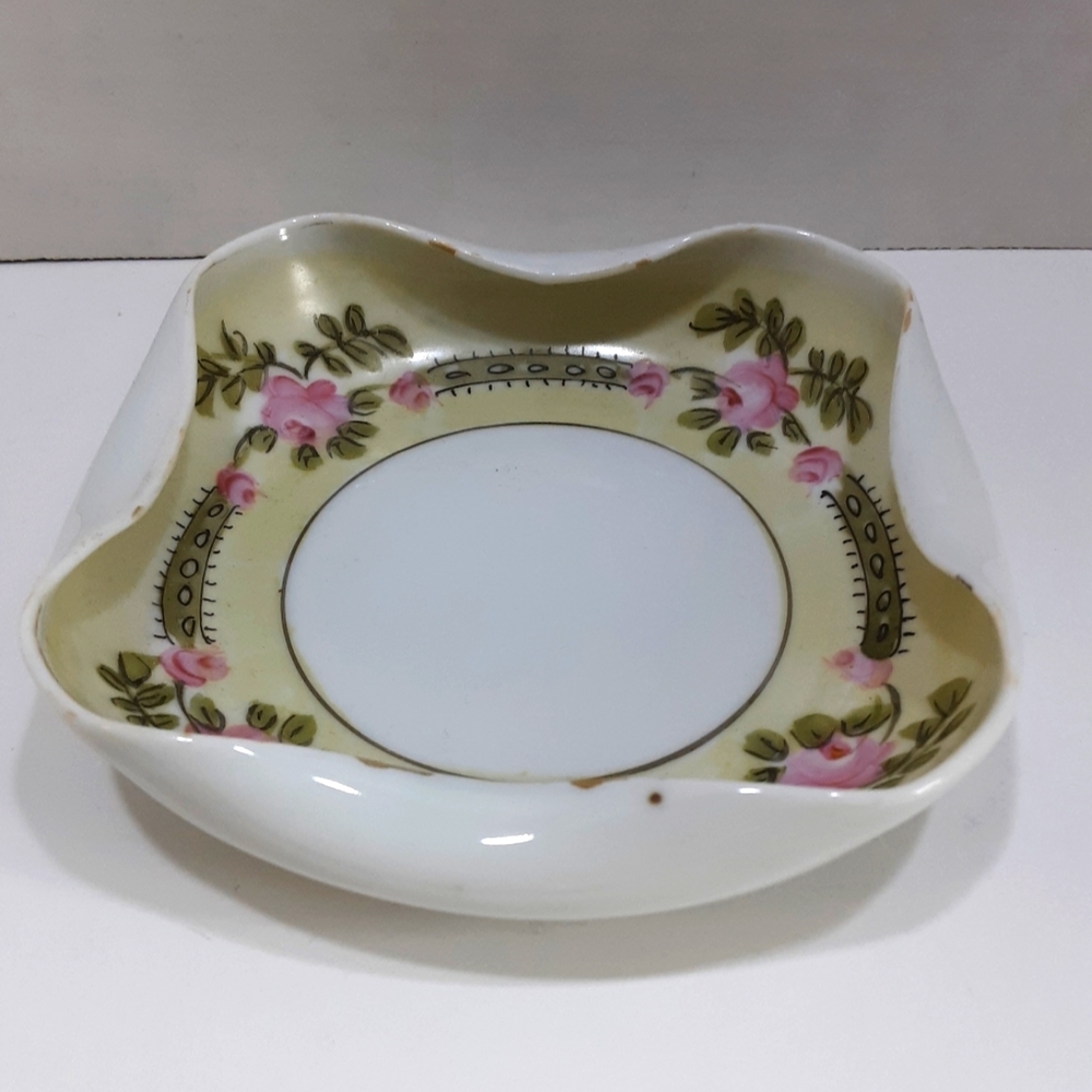 Antique NIPPON Square Candy Trinket Dish Pink Roses 5" Vintage Japan Cottagecore